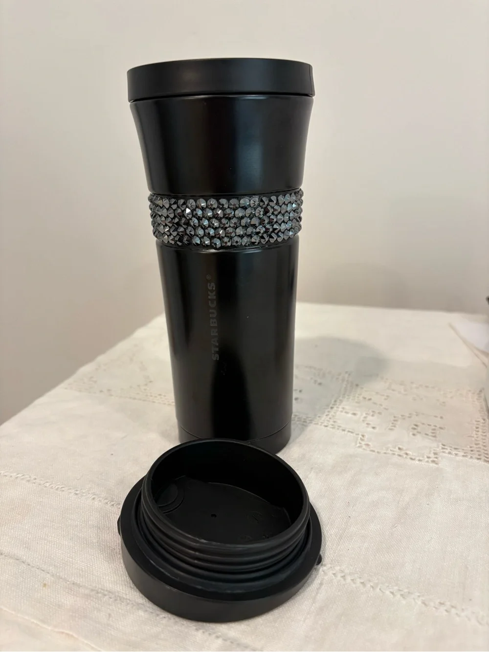 Starbucks Rare Swarovski Crystal Band Black Tumbler Travel Mug Twist Lid 16 oz